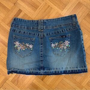 Angels Jeans Y2K Floral Sequin Distressed Denim Mini Micro Skirt Blue Size 7